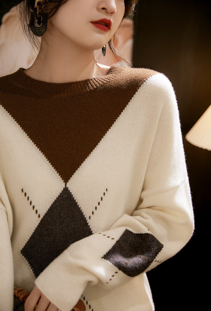 菱格圆领毛衣女2022秋冬季新款韩版宽松复古慵懒风针织衫套头上衣
