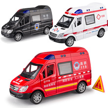 车致1:32本治凌特救护车模型合金面包回力声光玩具带人偶警车消防