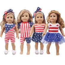 18寸美国娃娃配件衣服套装独立日服装女孩套装条纹星星衣服两件套