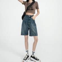 牛仔短裤女2024新款夏季薄款高腰宽松小个子设计感直筒显瘦五分裤