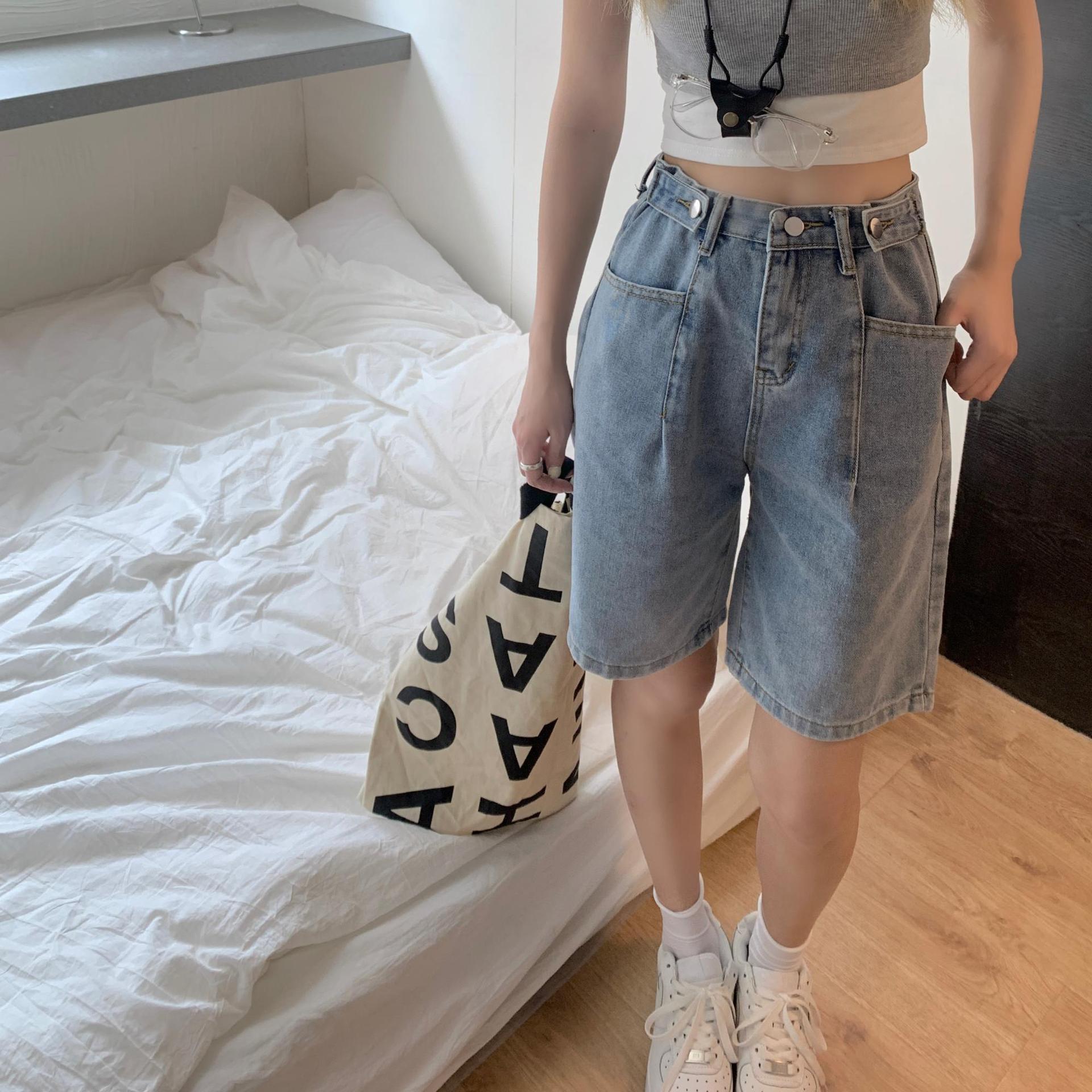 腰围可调节牛仔短裤女夏季宽松中裤显瘦学生高腰五分裤直筒热裤潮