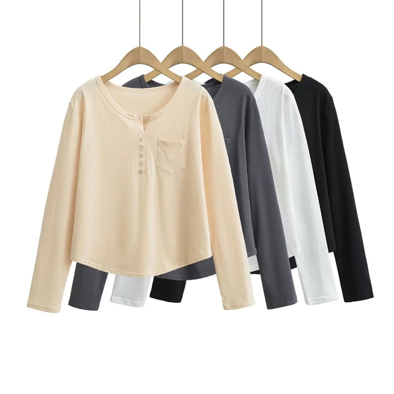 纯欲辣妹大圆领口袋排扣长袖打底衫秋冬款小个子宽松显瘦洋气上衣