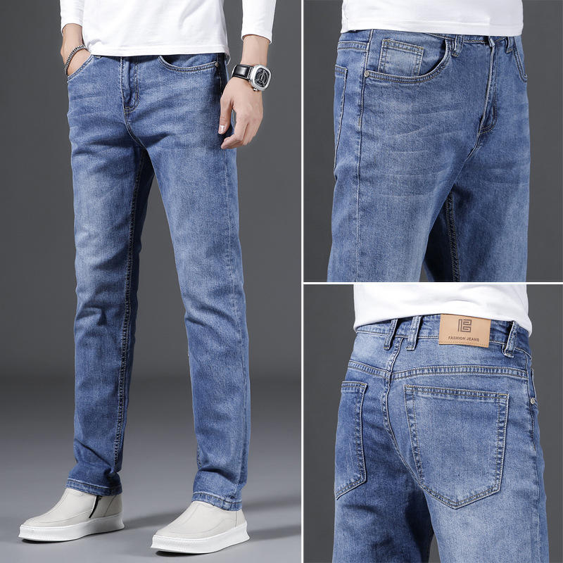 高端纯棉弹力宽松牛仔裤男式小直筒青年简约经典牛仔裤 jeans men
