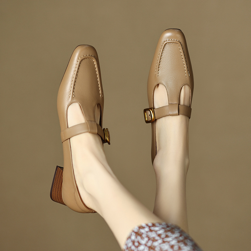 雅诗朗 复古杏色t型扣带粗跟浅口单鞋女2023年中跟玛丽珍女鞋