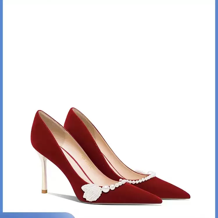 红色细高跟婚鞋女2023新款中式禾秀服珍珠新娘鞋矮子乐汉服高跟鞋