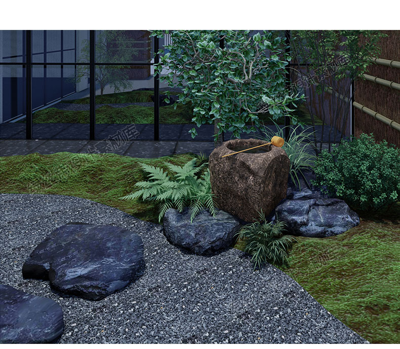 日式水钵流水景观小品中式庭院花园水景惊鹿蹲踞枯山水汀步su模型