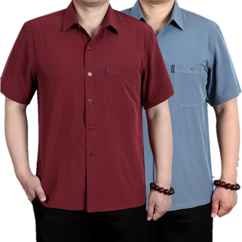 Summer Middle-Aged and Elderly Short-Sleeved Shirt Dad Ice Silk Old Man Shirt Solid Color Shirt Thin Men's Casual Tops