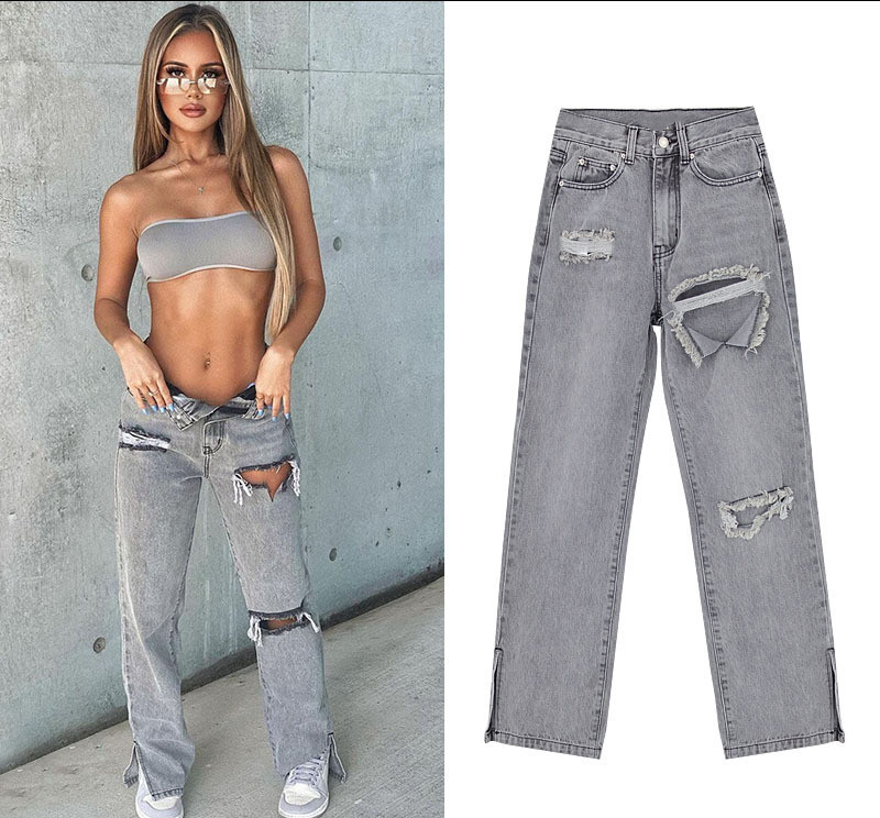 European and American Women's Clothing High Waist Look Taller Thin Straight-Leg Denim Trousers Mop Pants Ripped Hem Slit Smooth Micro-Flared Pants