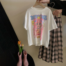 韩版女童套装2024夏季新款可爱美少女字母T恤洋气百搭烫钻格子裤