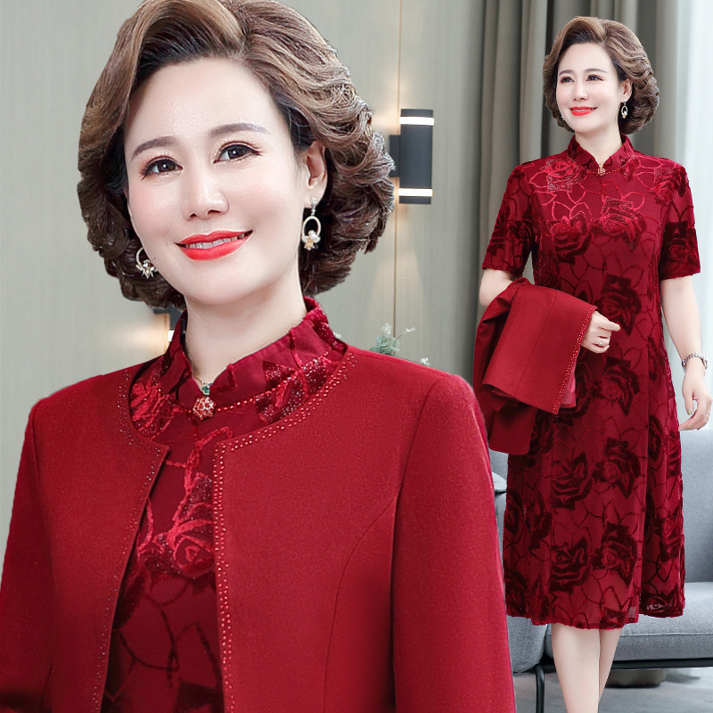 婚礼妈妈装连衣裙喜婆婆婚宴礼服长袖裙子中老年女春秋款两件套装