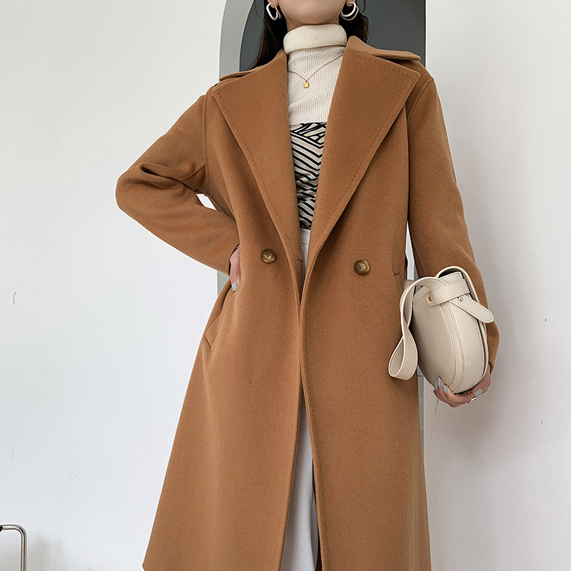 2022年新款秋冬双面大衣女羊毛呢腰带款中长款羊毛呢子外套大衣