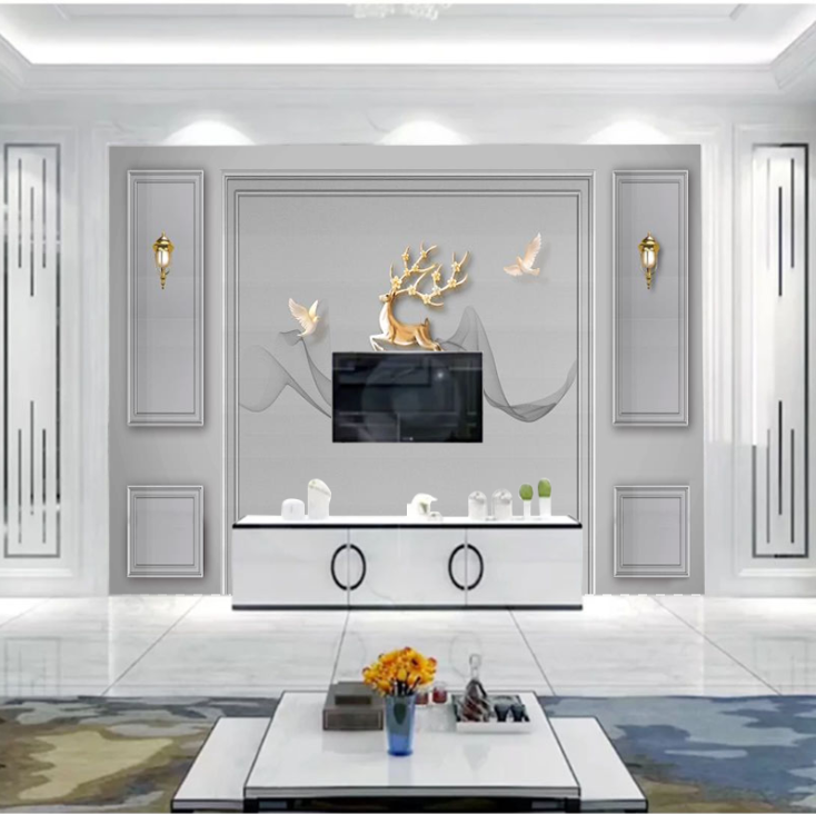 北欧麋鹿五宫格造型简约壁画电视背景墙壁纸客厅沙发灰色影视墙布