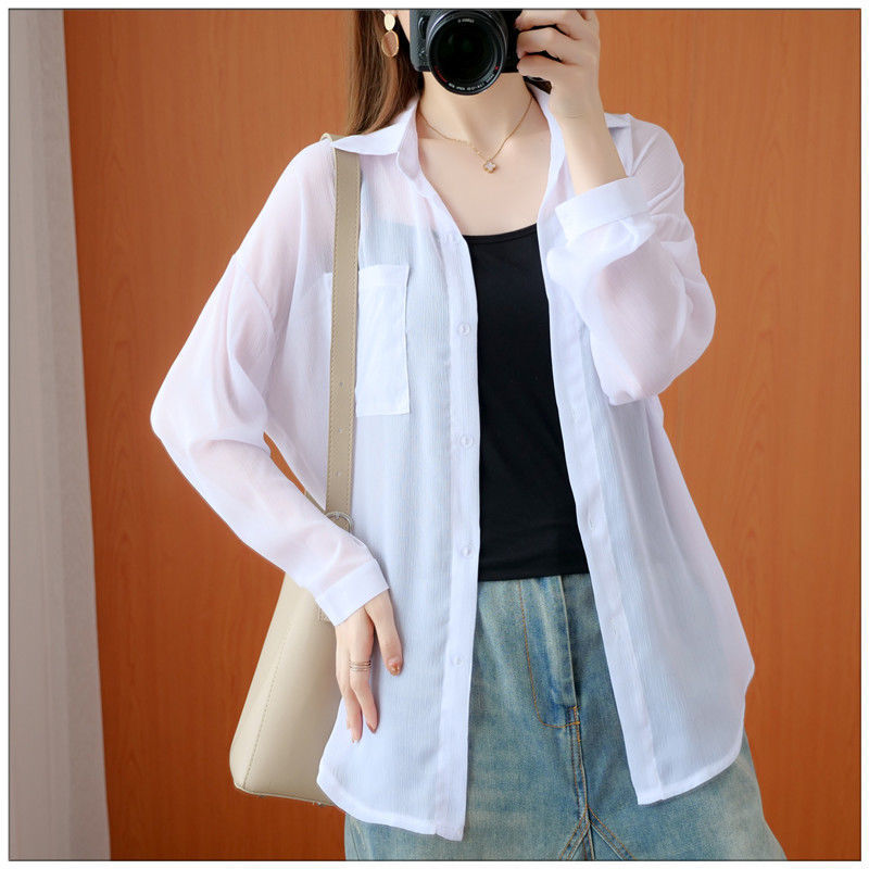 防晒衬衣女夏季韩范宽松超薄白衬衫户外沙滩外搭短款防晒披肩开衫