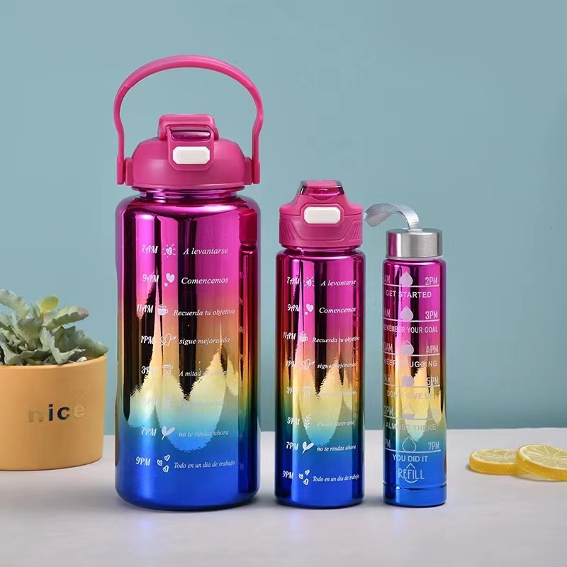 Gradient Drinking Cup Straw Cup with Scale Plastic Cup Electroplating Three-Piece Set Large Capacity Sports Kettle Cup Set Sports Bottle