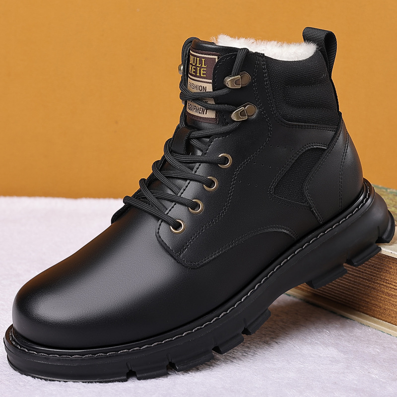 High-Top Korean Style Worker Boot Winter Wool Warm Genuine Leather Worker Boots British Fan Car Boots Cotton Boots Dr. Martens Boots Men