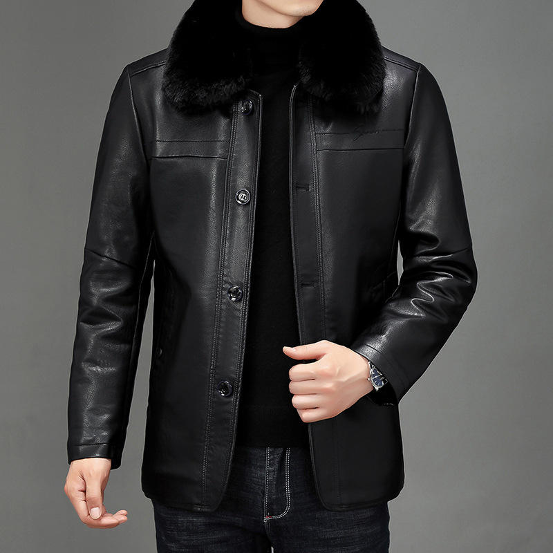 中老年男士冬季大毛领皮衣男中老年加厚皮夹克pu外套宽松男装纽扣