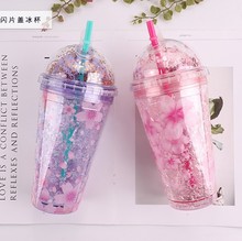 韩版樱花闪片双层盖冰杯夏日冰酷杯果汁杯塑料吸管制冷碎冰杯子