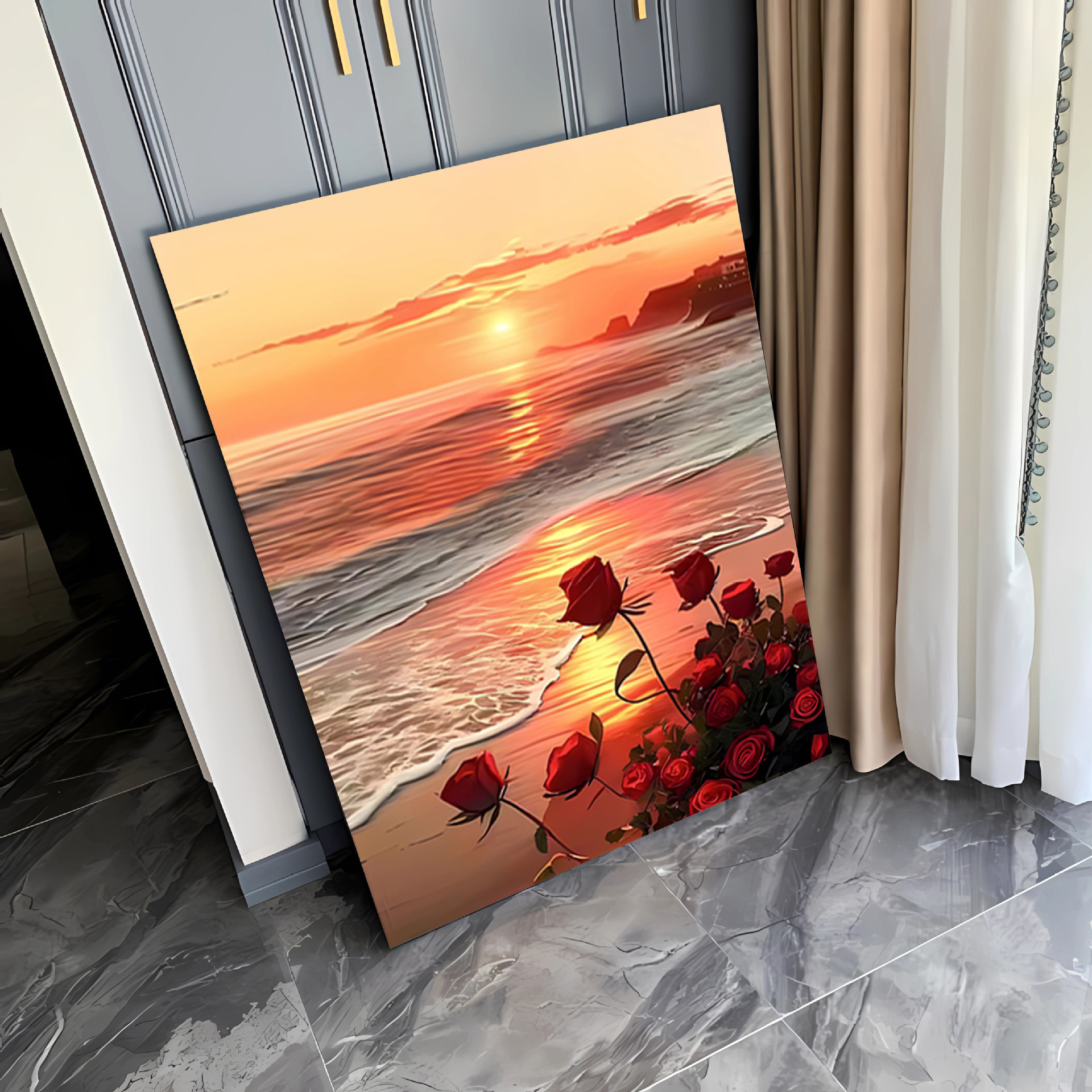 新款数字油画diy手工填色落日玫瑰植物花卉一件代发批发高级挂画