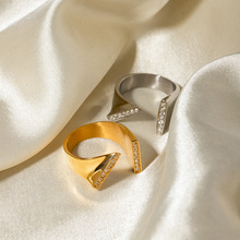 18k金不锈钢+钻/镶嵌水钻不对称开口戒指ins极简风钢色钛钢戒指