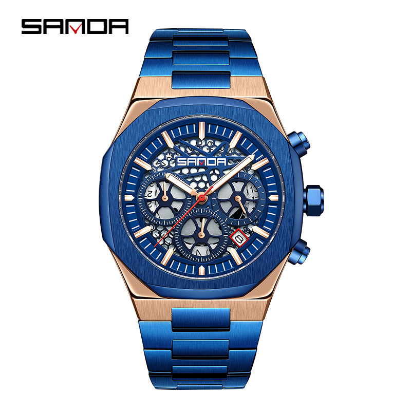 三达手表男款时尚多功能三眼六针简约日历潮流镂空钢带男士腕表