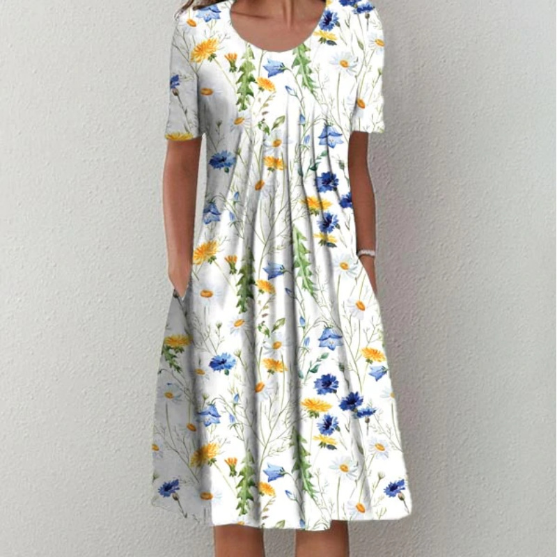 2023 Amazon Independent Station Wish Spring Summer Women's Wear New Casual Printed round Neck Short Sleeve Dress