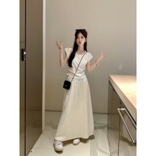 时尚套装女夏季韩系白色褶皱掐腰短袖T恤气质显瘦a字半身裙两件套