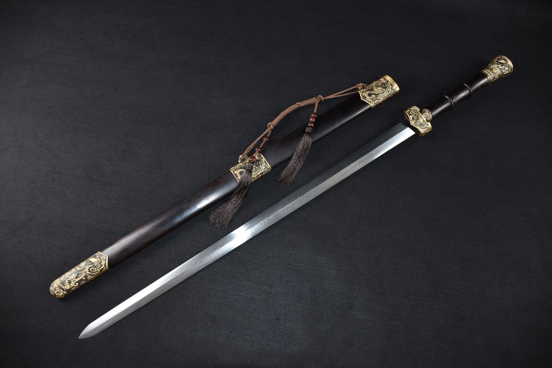 龙泉华影刀剑花纹钢剑宝剑黑檀木手工锻打唐剑长剑冷兵器未开刃