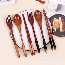 S1木制日韩缠线便捷餐具套装木叉勺筷子三件套学生旅行收纳木餐具