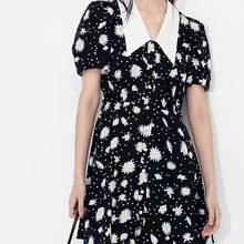 [现货]2024夏季MC家裙子气质娃娃领泡泡袖黑色雏菊甜美可爱连衣裙