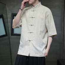 亚麻衬衣衬衫男短袖唐装薄款汉服中国风男装居士条纹服新中式夏季