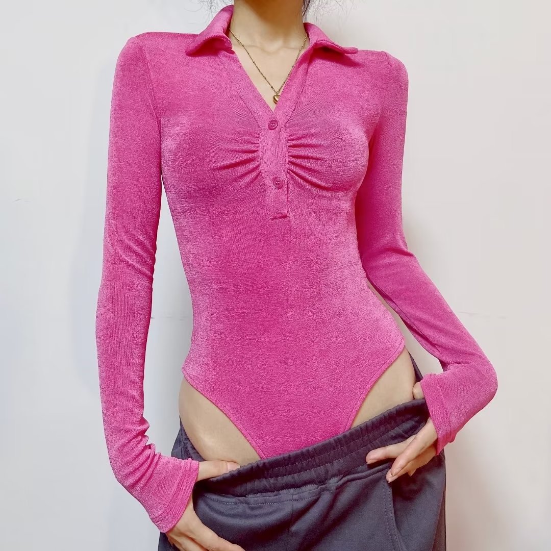 跨境外贸时尚女装紧身显瘦性感v字翻领两粒扣褶皱弹力长袖连体裤