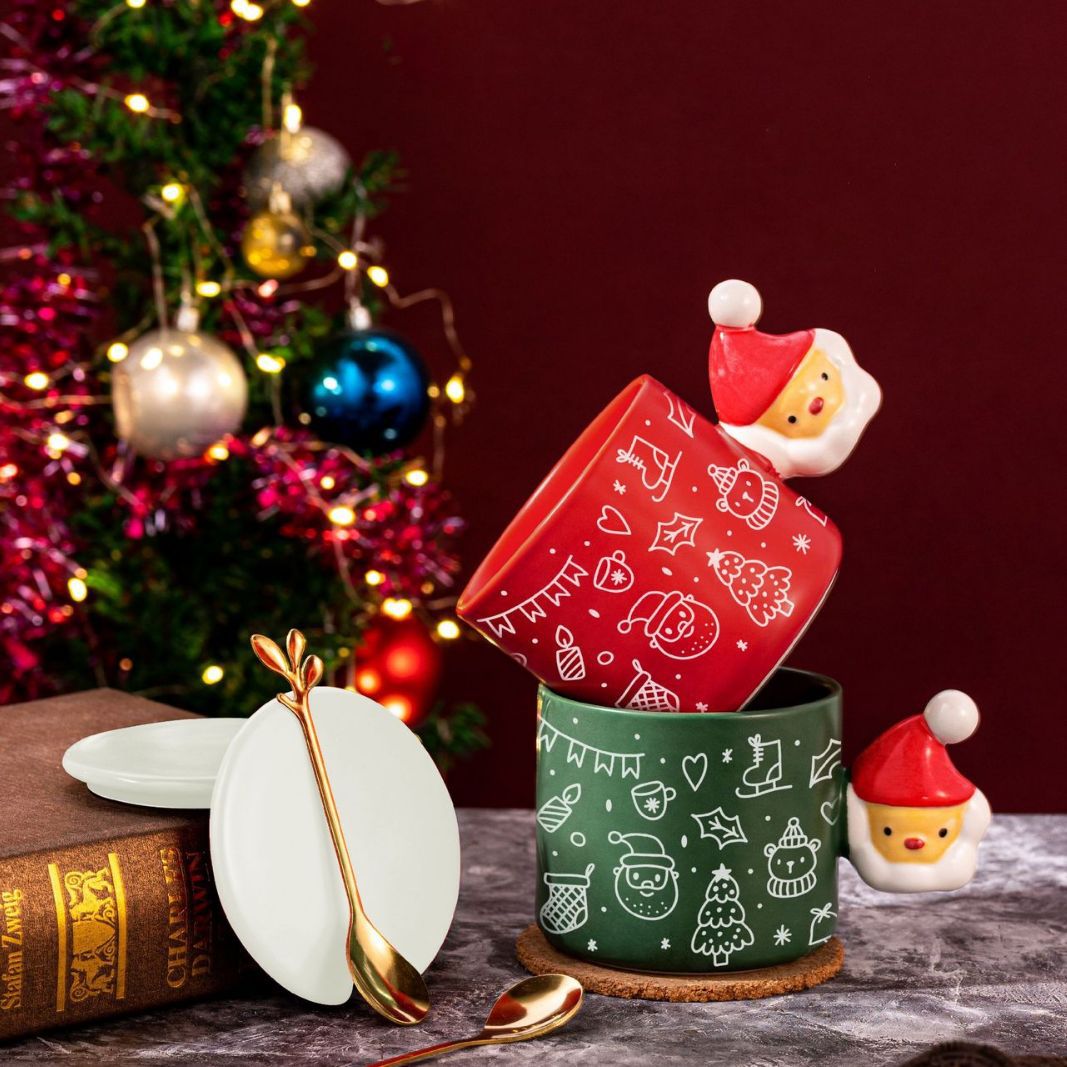 Creative Christmas Party Graffiti Cup Christmas Ceramic Cup with Lid Large Capacity Mug Gift Couple's Cups