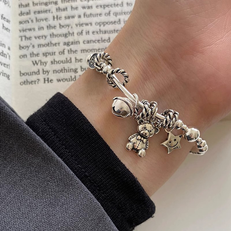 special-interest design s925 sterling silver bear personalized bracelet women‘s retro distressed fashion all-match high-end bracelet fashion