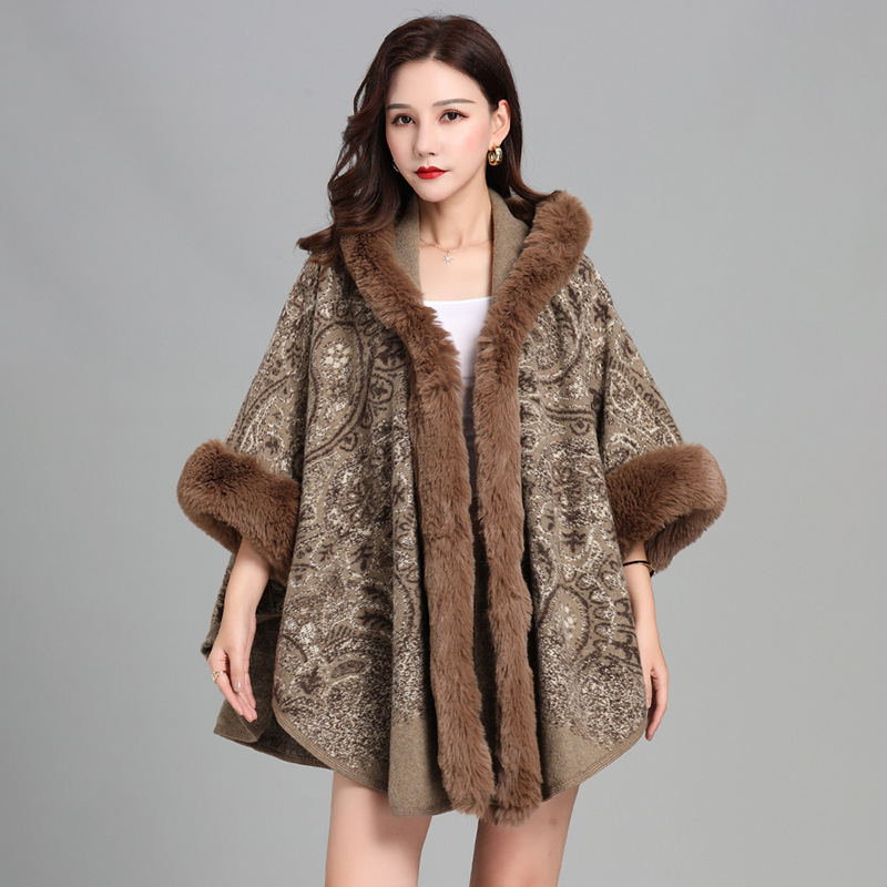 european and american winter new hooded shawl cape imitate rex rabbit fur warm sleeved knitted coat cloak women