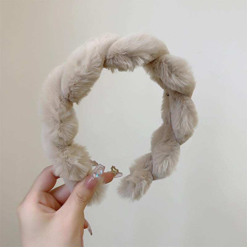 Solid Color Twist Fluffy Hair Band Cute Furry Headband High Skull Top Hairband Face Wash Hair Fixer Wide Side and All-Match Headdress