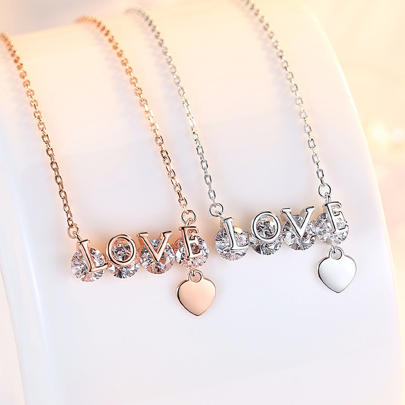 s925纯银锆石love项链女满钻微镶锁骨链韩版情人节送礼银饰品批发