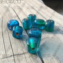 博山手工老琉璃珠子 透亮咬色秀水蓝方形老琉璃珠 10-11mm配珠