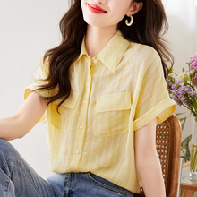 简约韩版甜美条纹微透短袖衬衫女夏季设计感小众2024新款衬衣女