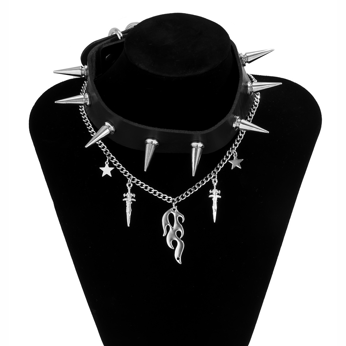 欧美朋克pu铆钉套装锁骨项圈 个性剑形火苗混搭项饰女 跨境饰品