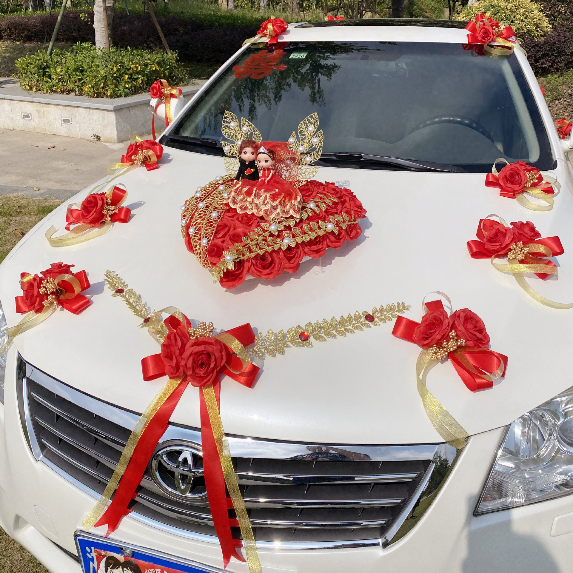 车队婚车装饰中式中国风车牌帖装饰婚车头车花婚车花吸盘