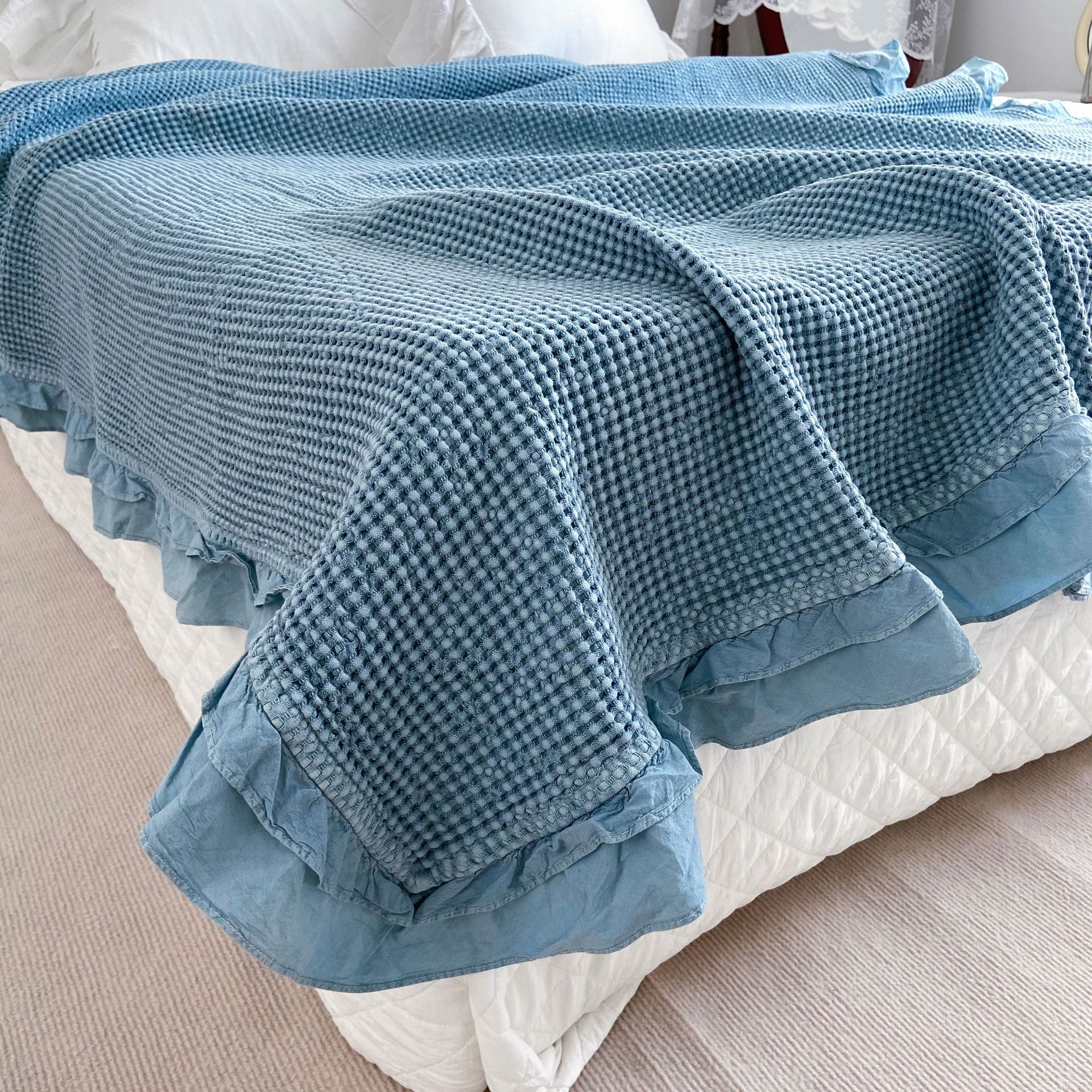 外贸出口韩国ins华夫格氧气盖毯全棉花边毯沙发毯莫代尔棉薄毯子