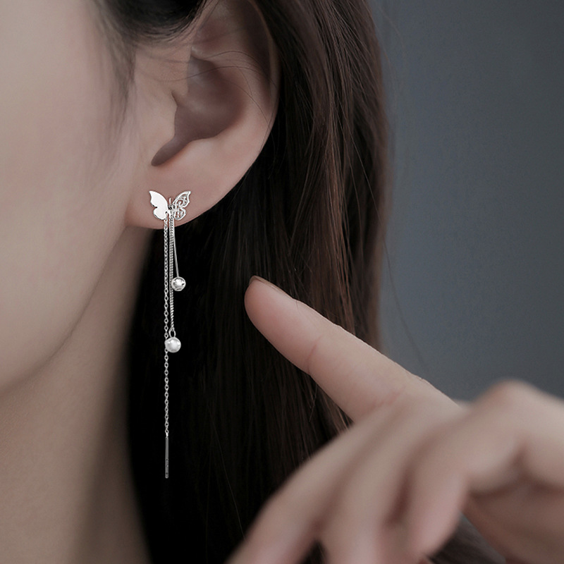 蝴蝶流苏耳线韩国轻奢小众设计超仙长款珍珠耳链网红