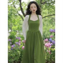 春夏复古法式纯欲绿色吊带连衣裙港风气质长裙针织开衫小个子显瘦