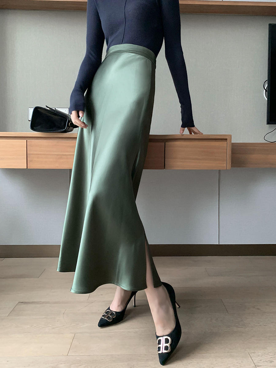 三醋酸缎面a字包臀黑色半身裙长裙裙子真丝女高端名媛气质半身裙