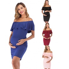 2023速卖通ebay跨境欧美女装时尚修身一字领纯色中裙孕妇连衣裙