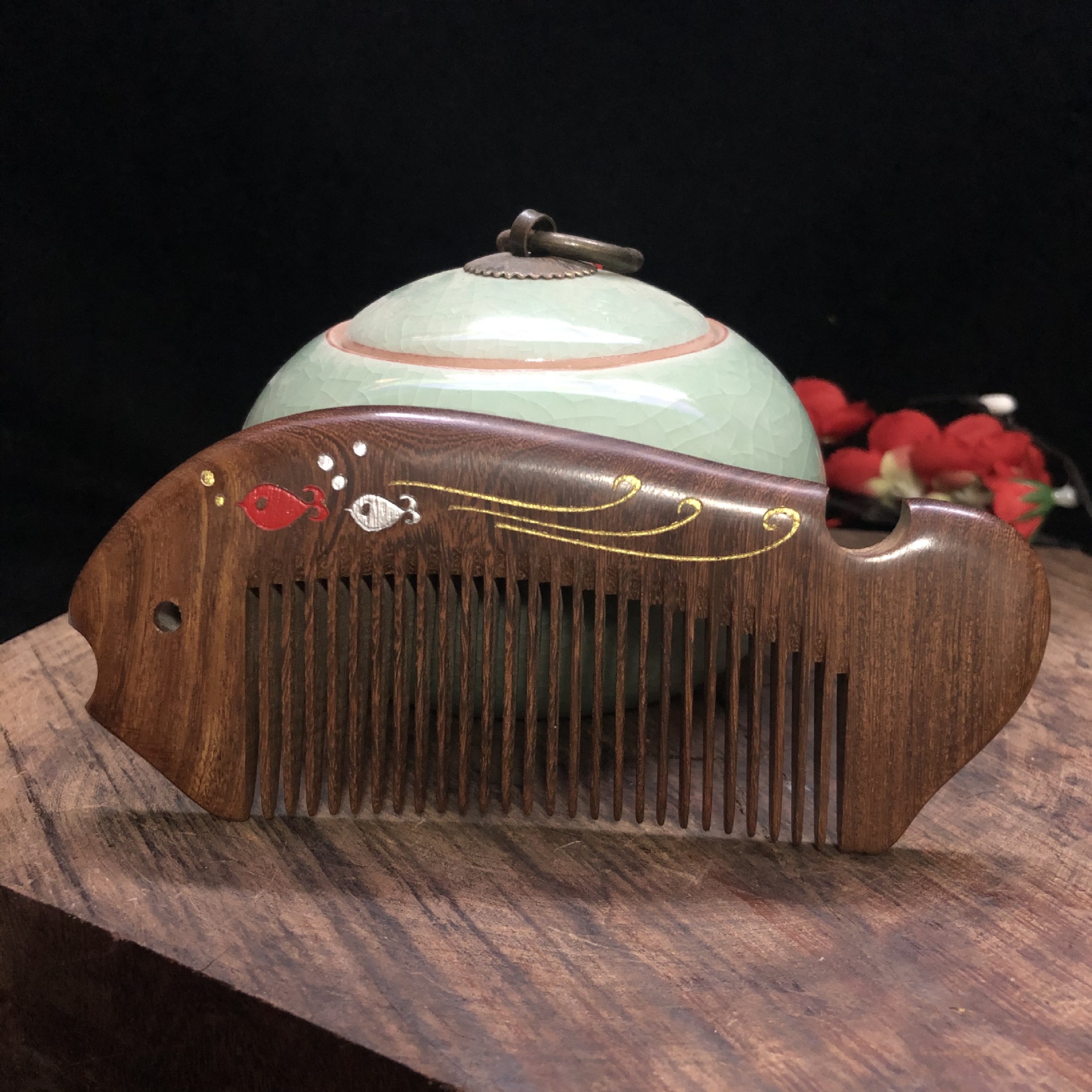 彩绘鱼梳黑金檀木咖啡檀绿檀木礼品母亲教师三八妇女节伴手礼