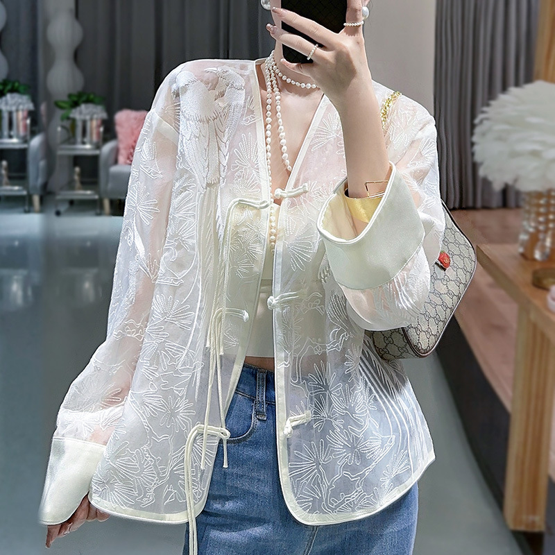 欧根纱中国风刺绣衬衫女士夏季薄款衬衣透视防晒衣中式盘扣上衣