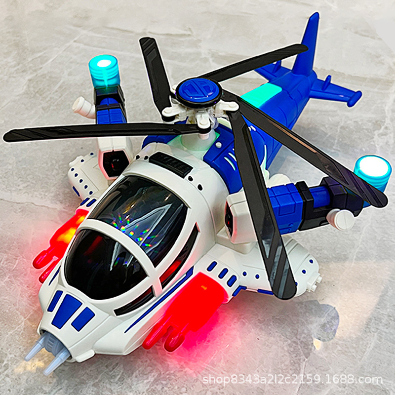 儿童电动万向行走变形武装战斗飞机玩具男女孩灯光音乐旋转直升机-阿