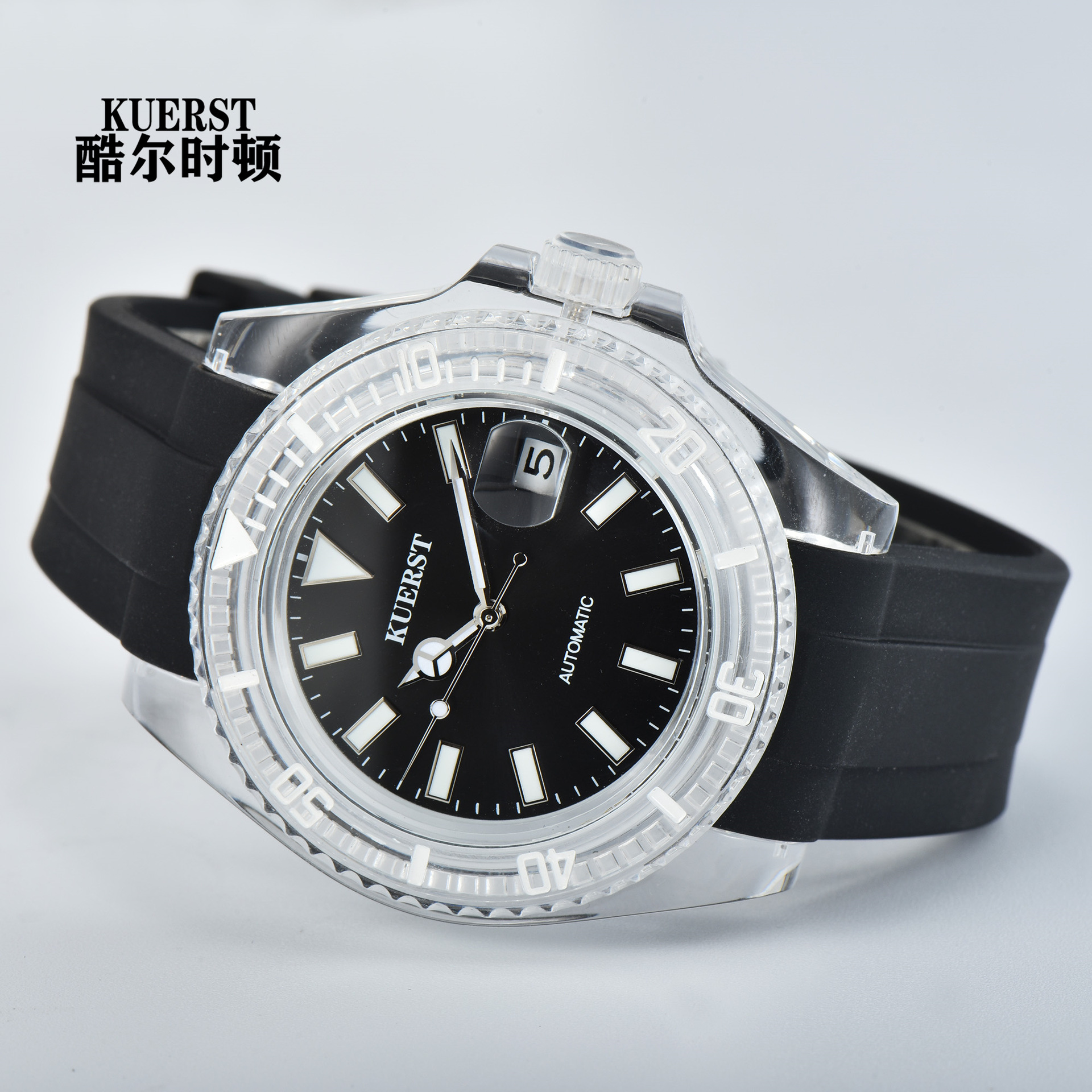 瑞士注册品牌kuerst酷尔时顿网红水鬼自动机械手表黑色亚克力胶带