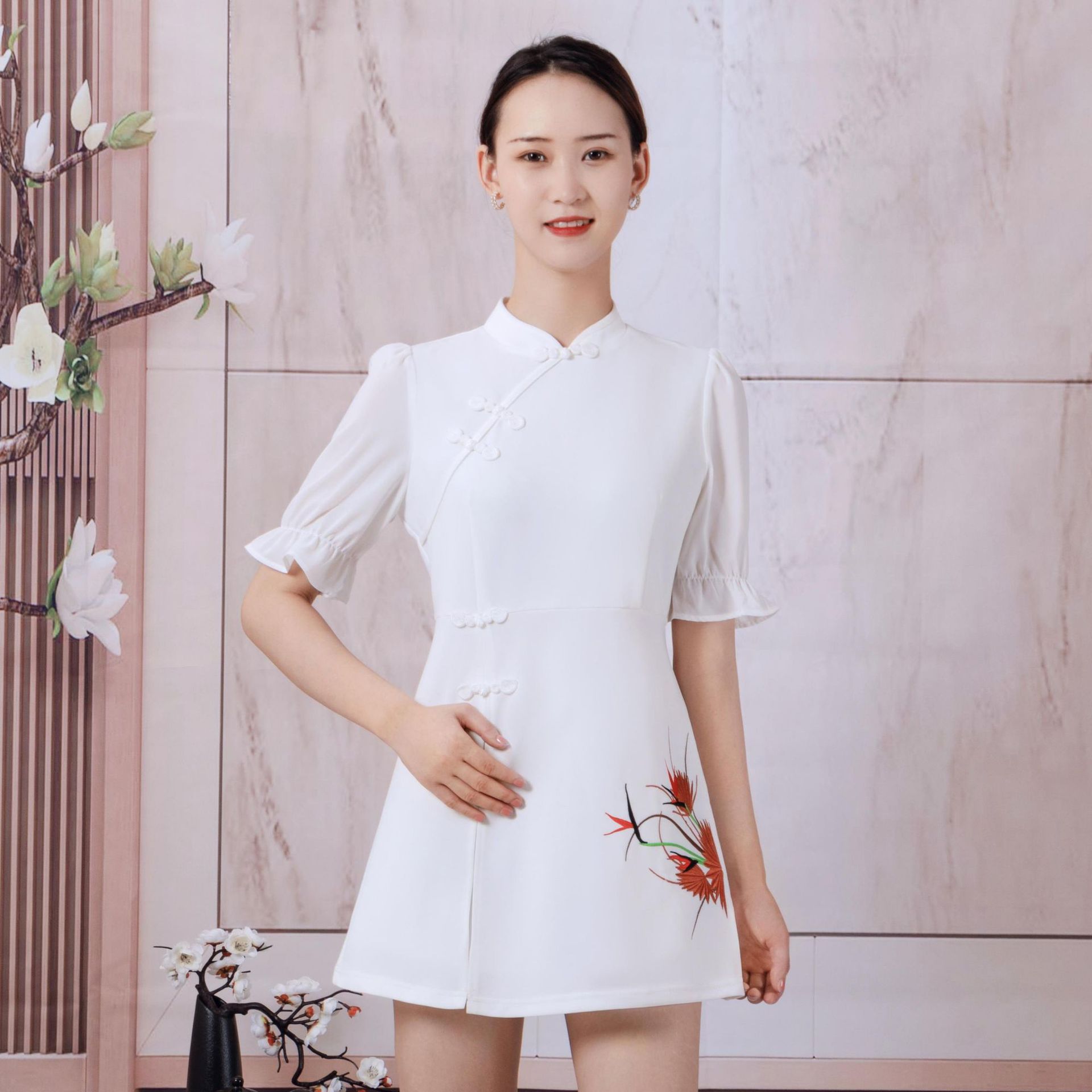 春夏新款足浴技师spa工作服足疗师养生馆气质套装中袖绣花女工衣